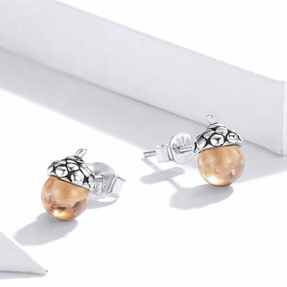 925 Sterling Silver silver Ear Studs Shining Acorns Engagement Statement Jewelry - Picture 6 of 10